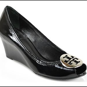 Tory Burch Black Patent Sally 2 Peep Toe Wedge